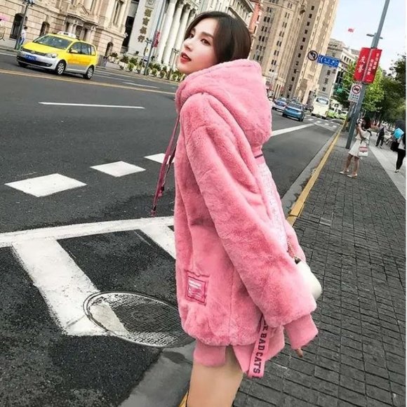 Faux Fur Pink Teddy Velvet Plush Hoodie - Picture 2 of 16